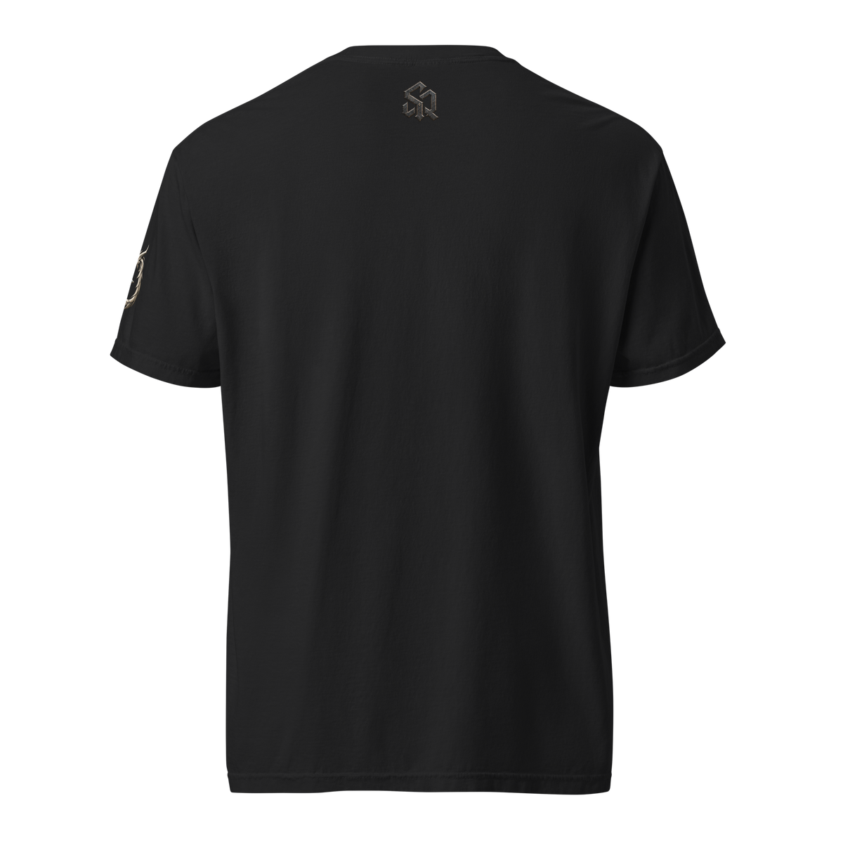 Honor Meets Firepower heavyweight graphic T-shirt in black, back view