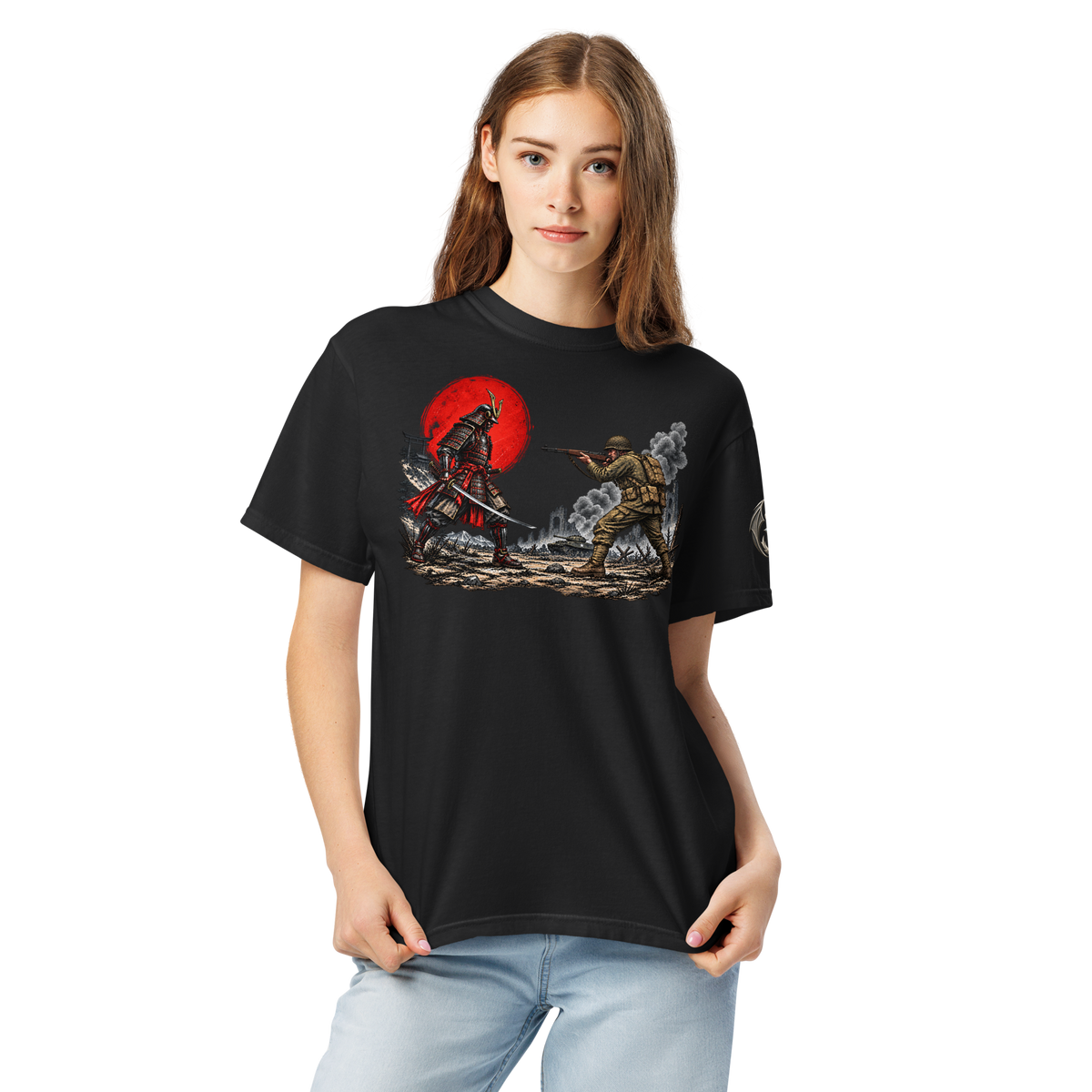 Honor Meets Firepower black heavyweight T-shirt product mockup