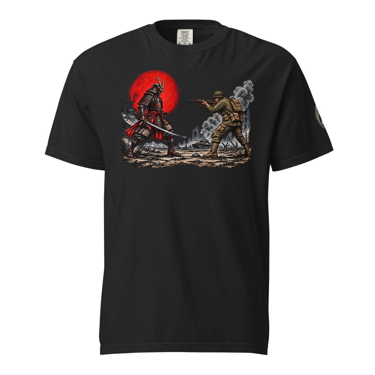 Honor Meets Firepower heavyweight graphic T-shirt in black, front view