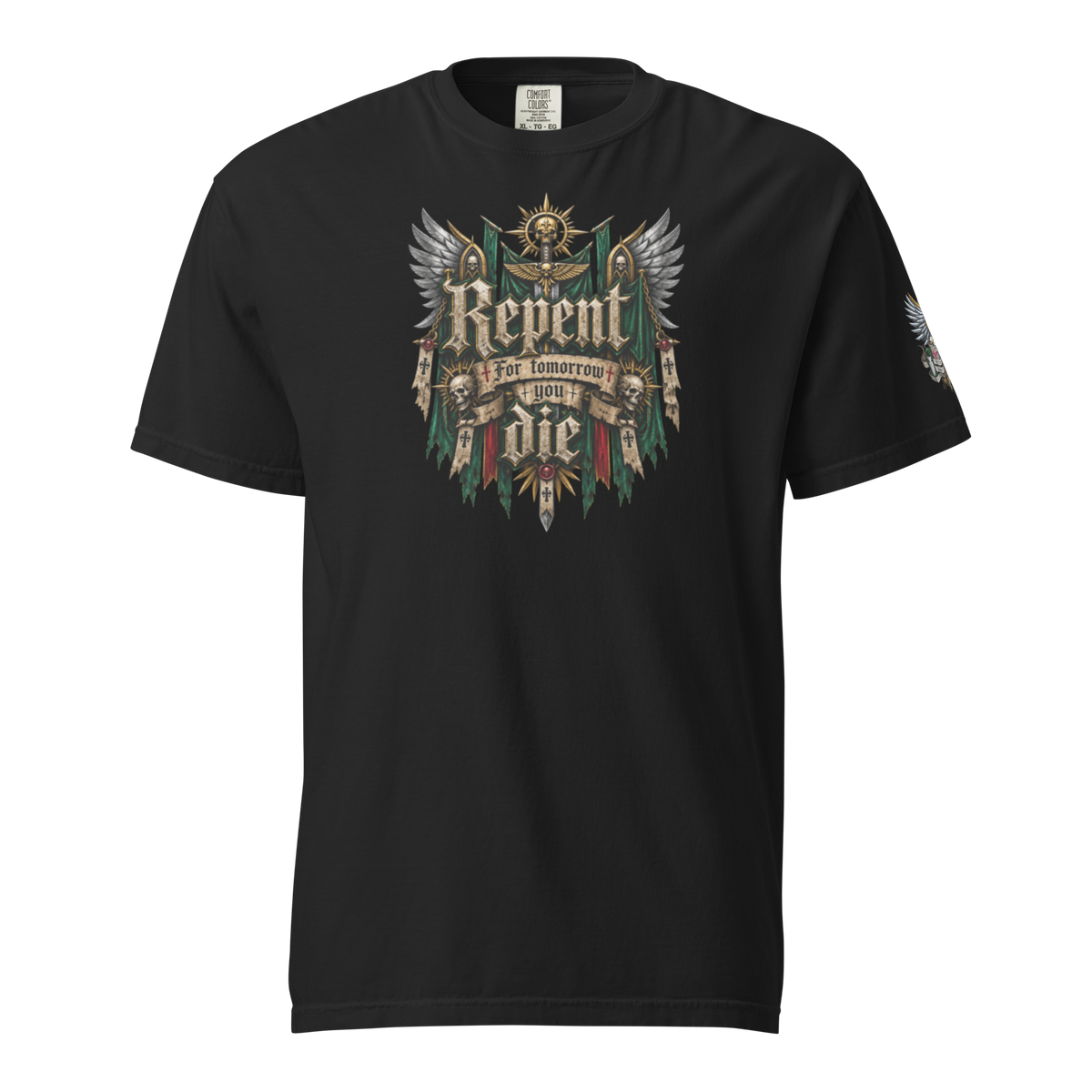 Repent For Tomorrow You Die Heavyweight T-Shirt in Black — front view