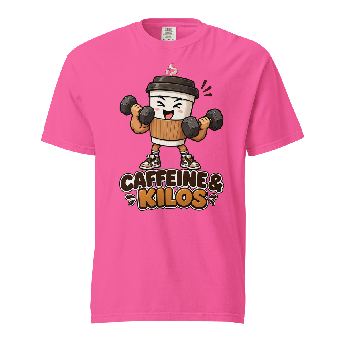Caffeine & Kilos Heavyweight T-Shirt neon pink front view