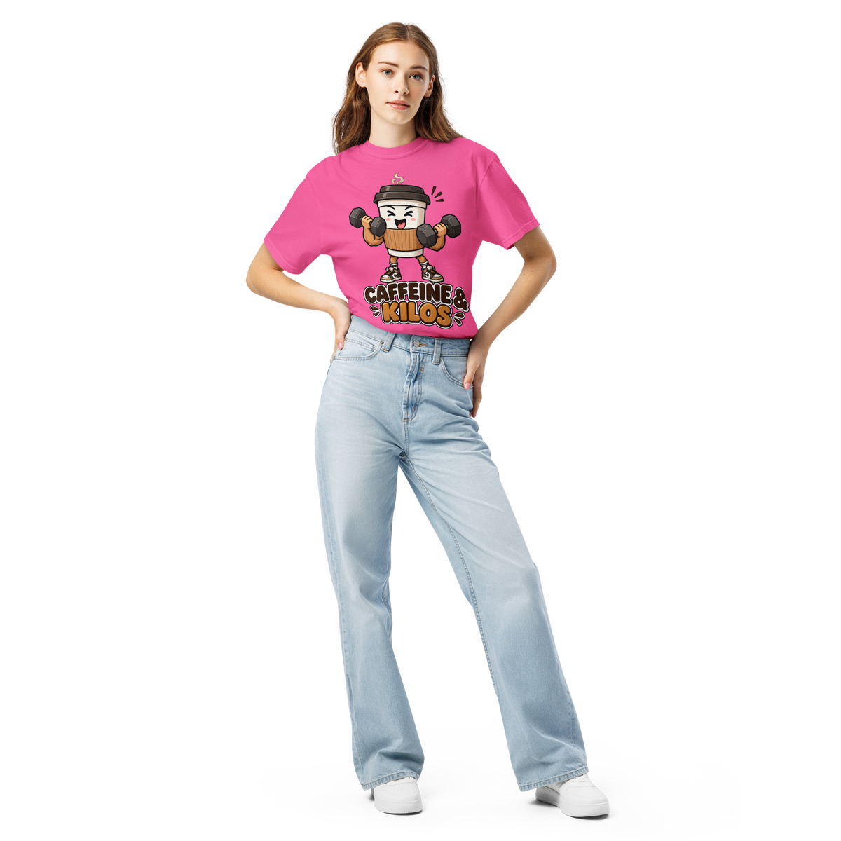 Caffeine & Kilos Heavyweight T-Shirt neon pink front view
