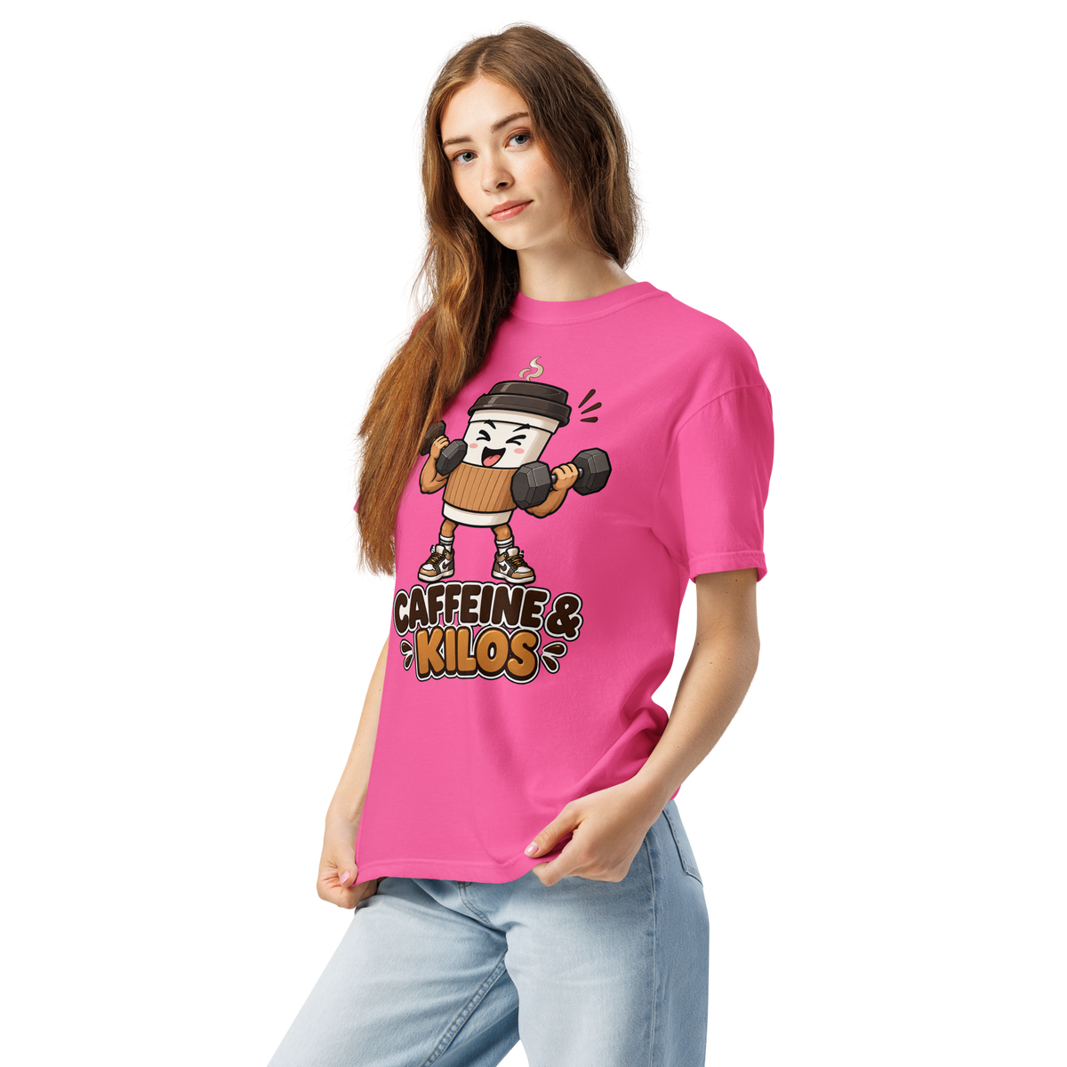 Caffeine & Kilos Heavyweight T-Shirt neon pink left front view