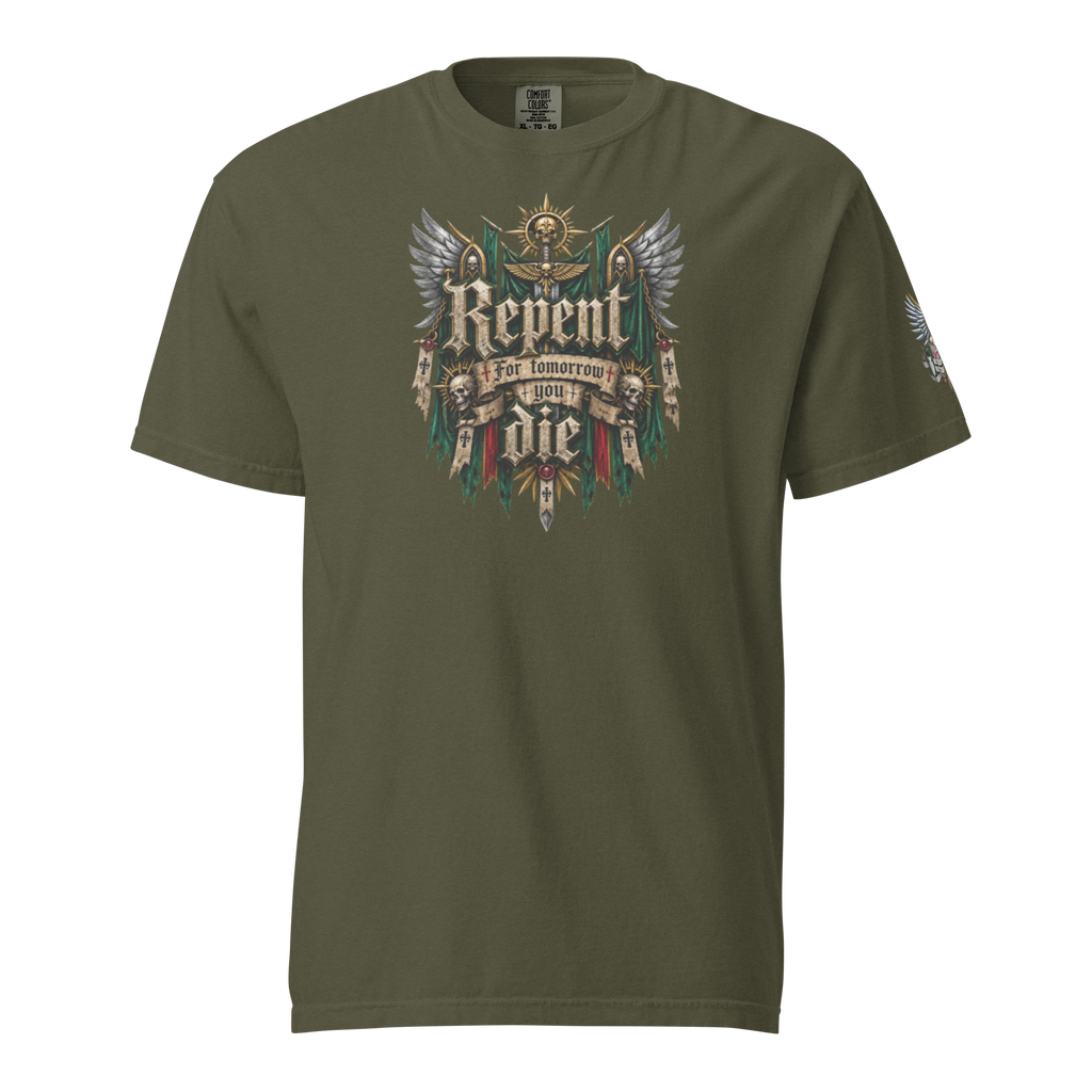 Repent For Tomorrow You Die Heavyweight T-Shirt in Sage — front view