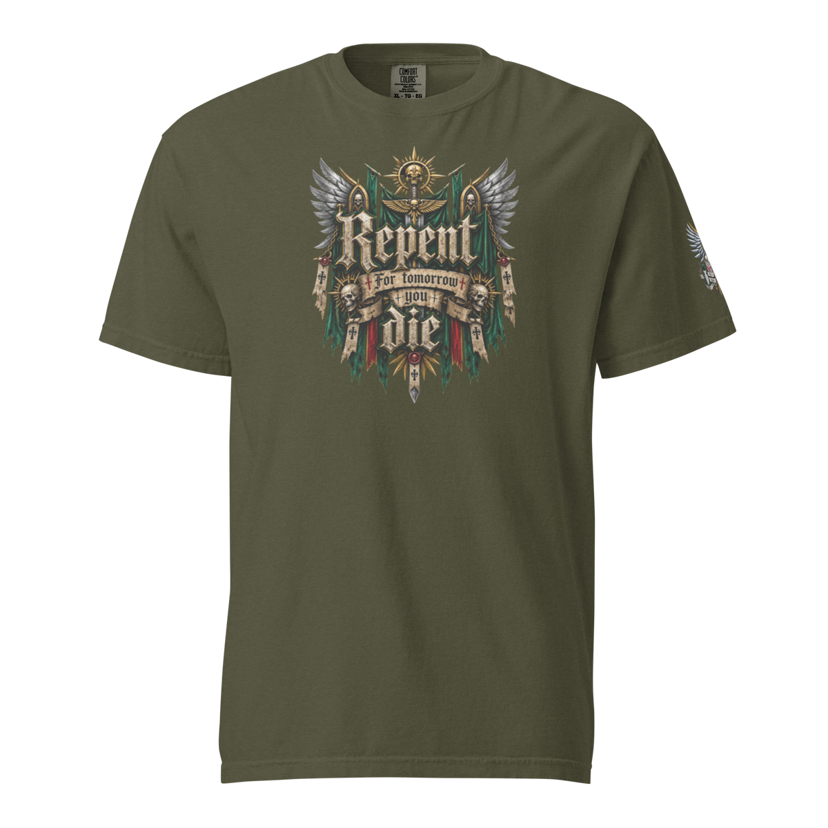 Repent For Tomorrow You Die Heavyweight T-Shirt in Sage — front view