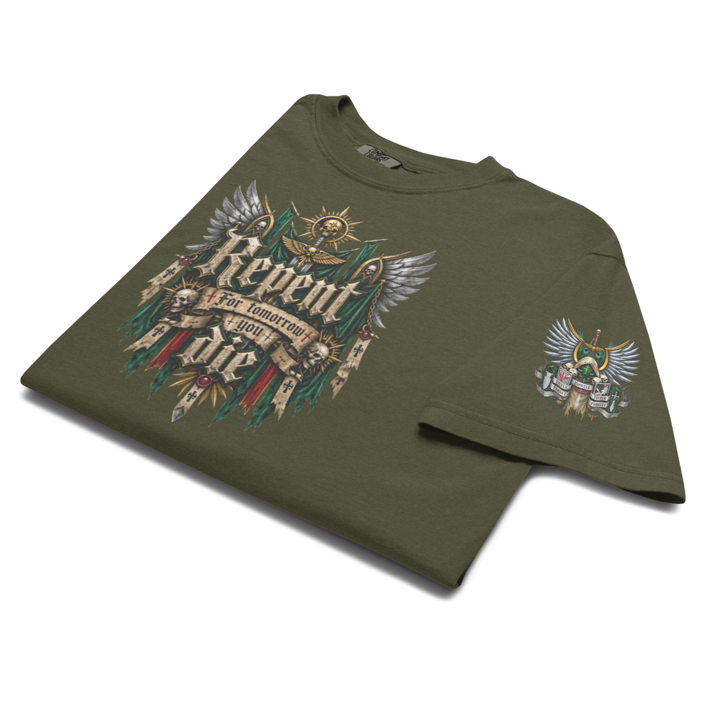 Repent For Tomorrow You Die Heavyweight T-Shirt in Sage — front view