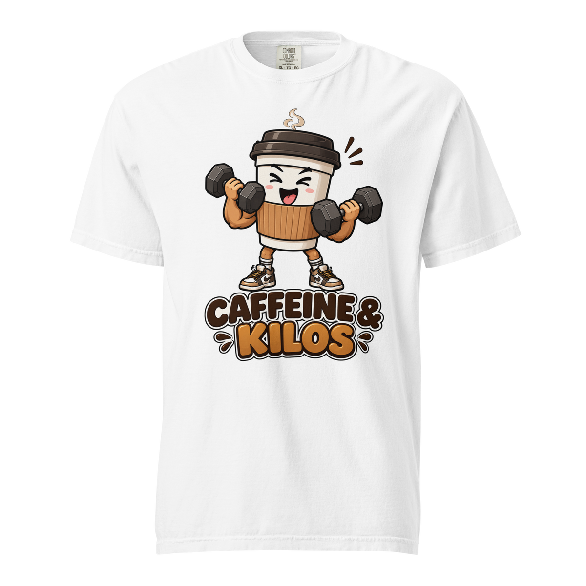 Caffeine & Kilos Heavyweight T-Shirt white front view