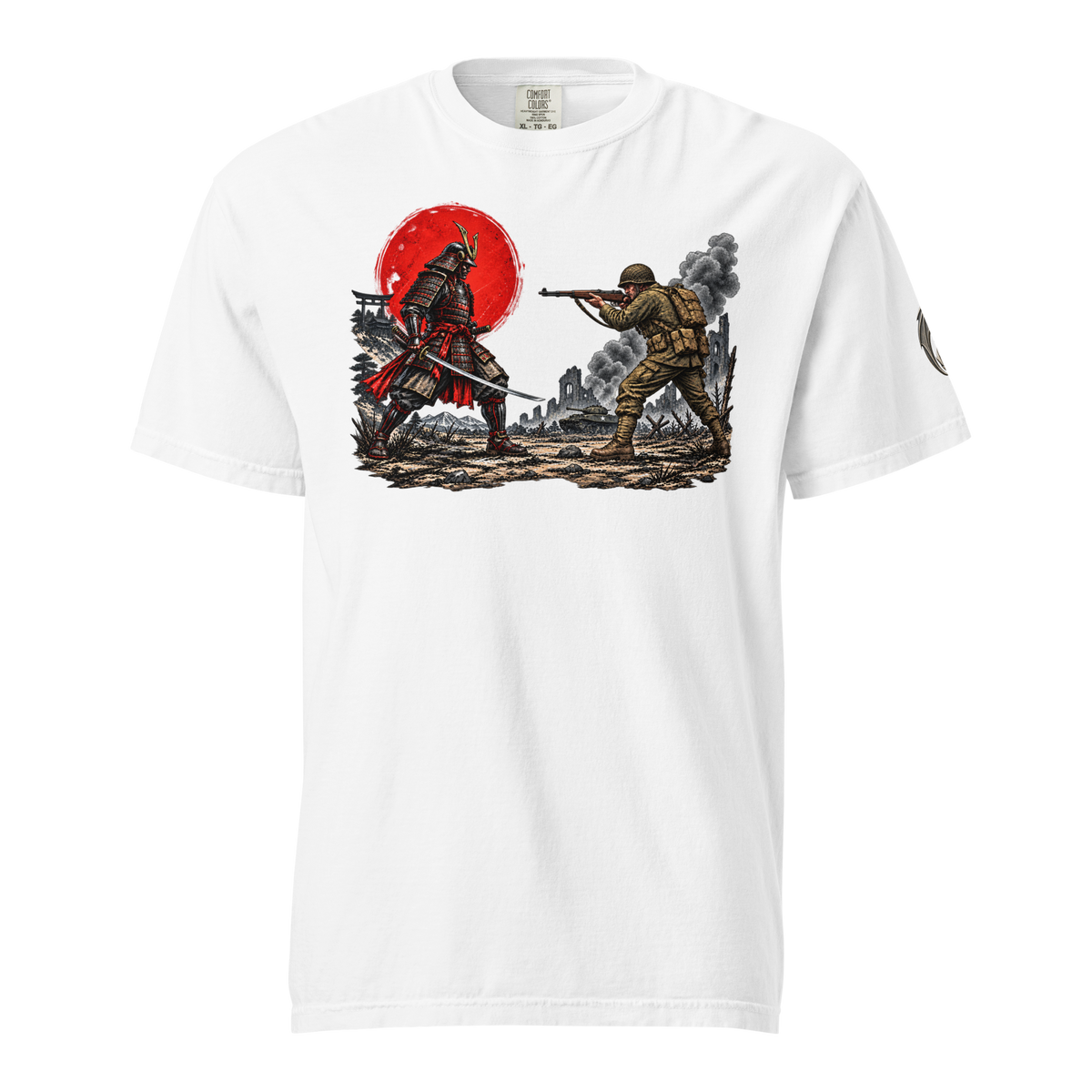 Honor Meets Firepower heavyweight graphic T-shirt in white, front view