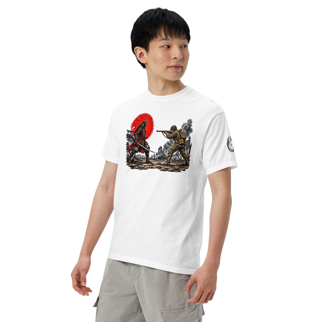 Honor Meets Firepower white heavyweight T-shirt angled product view