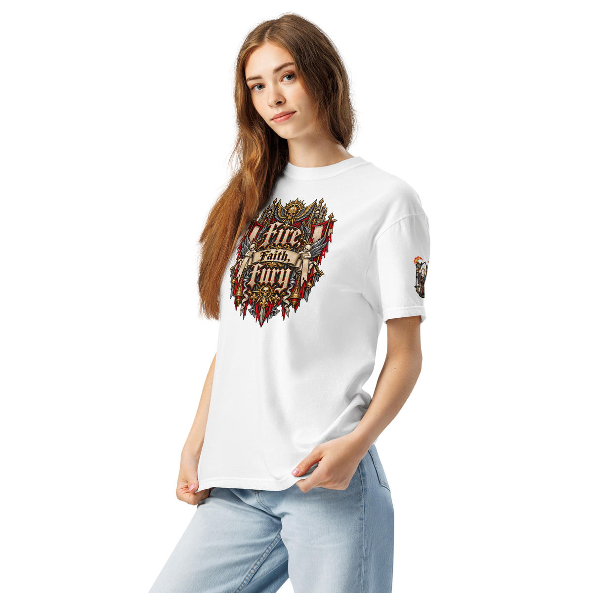 Adeptas Sororitas Heavyweight T-Shirt in White — left front view
