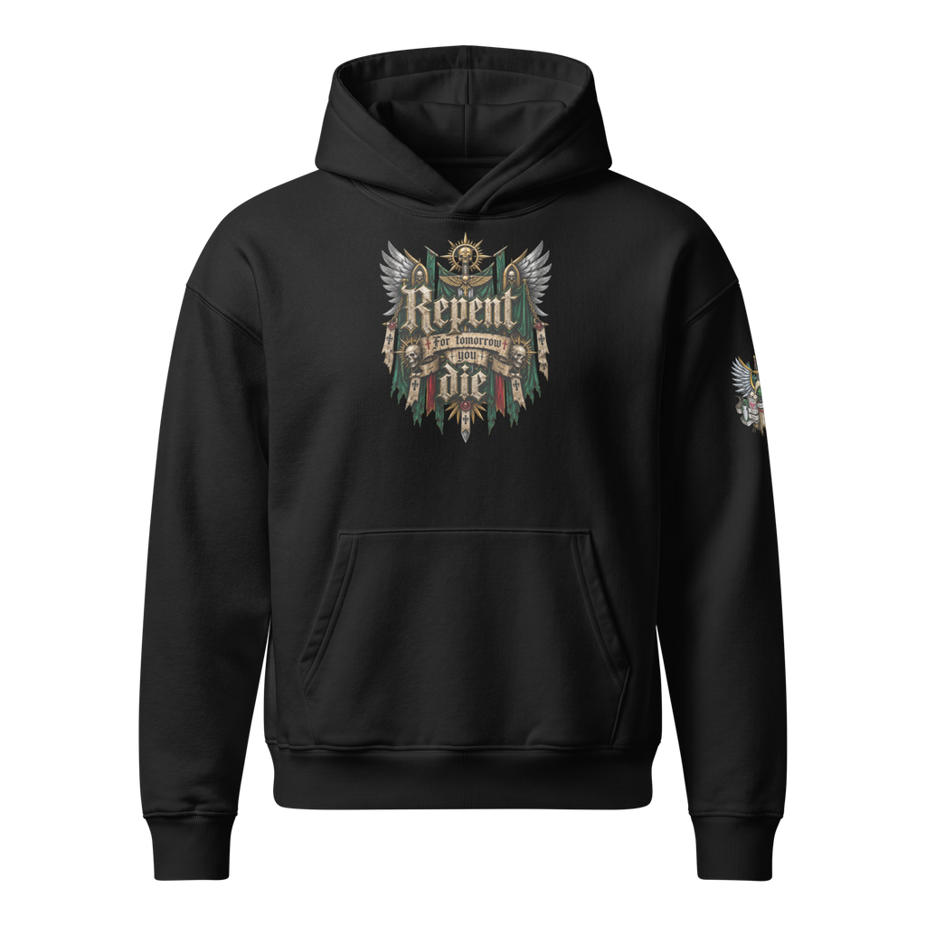 Repent For Tomorrow You Die Relaxed Hoodie in Black — front view