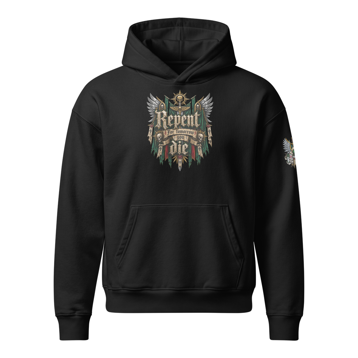 Repent For Tomorrow You Die Relaxed Hoodie in Black — front view