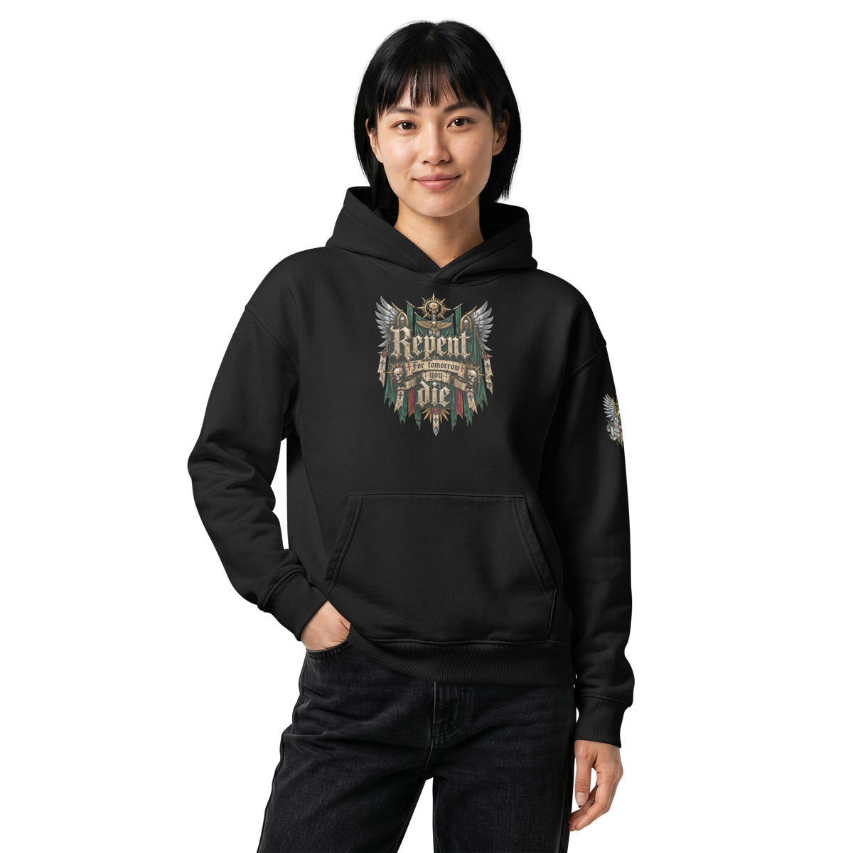 Repent For Tomorrow You Die Relaxed Hoodie in Black — front view
