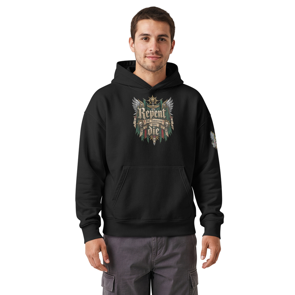 Repent For Tomorrow You Die Relaxed Hoodie in Black — front view