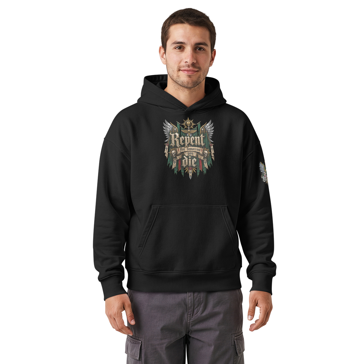 Repent For Tomorrow You Die Relaxed Hoodie in Black — front view
