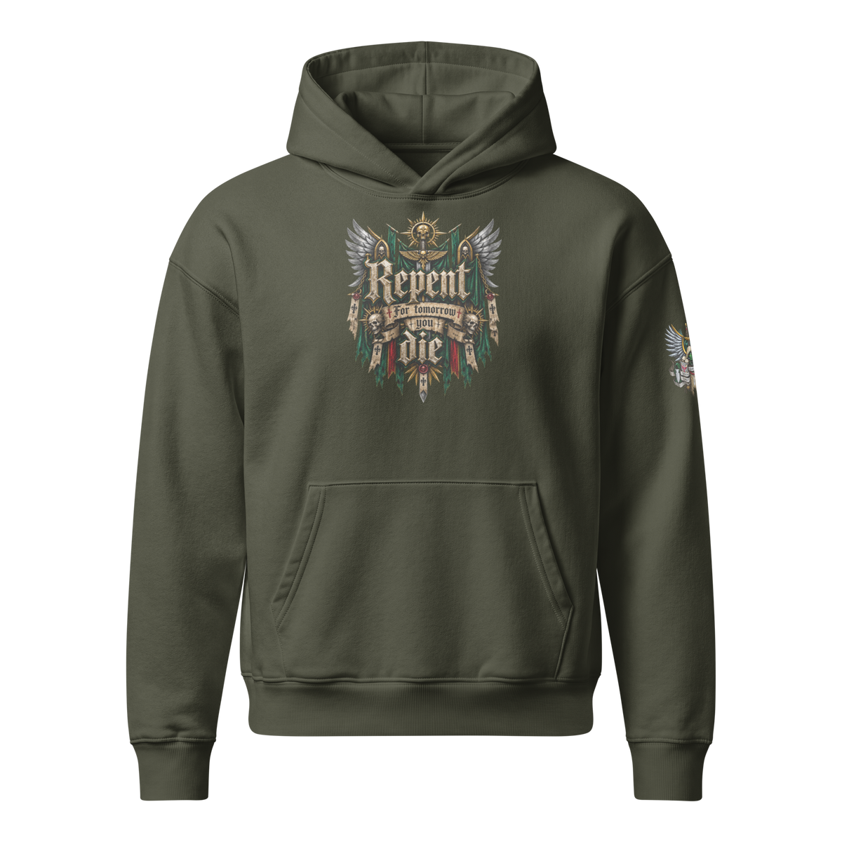Repent For Tomorrow You Die Relaxed Hoodie in Khaki Green — front view