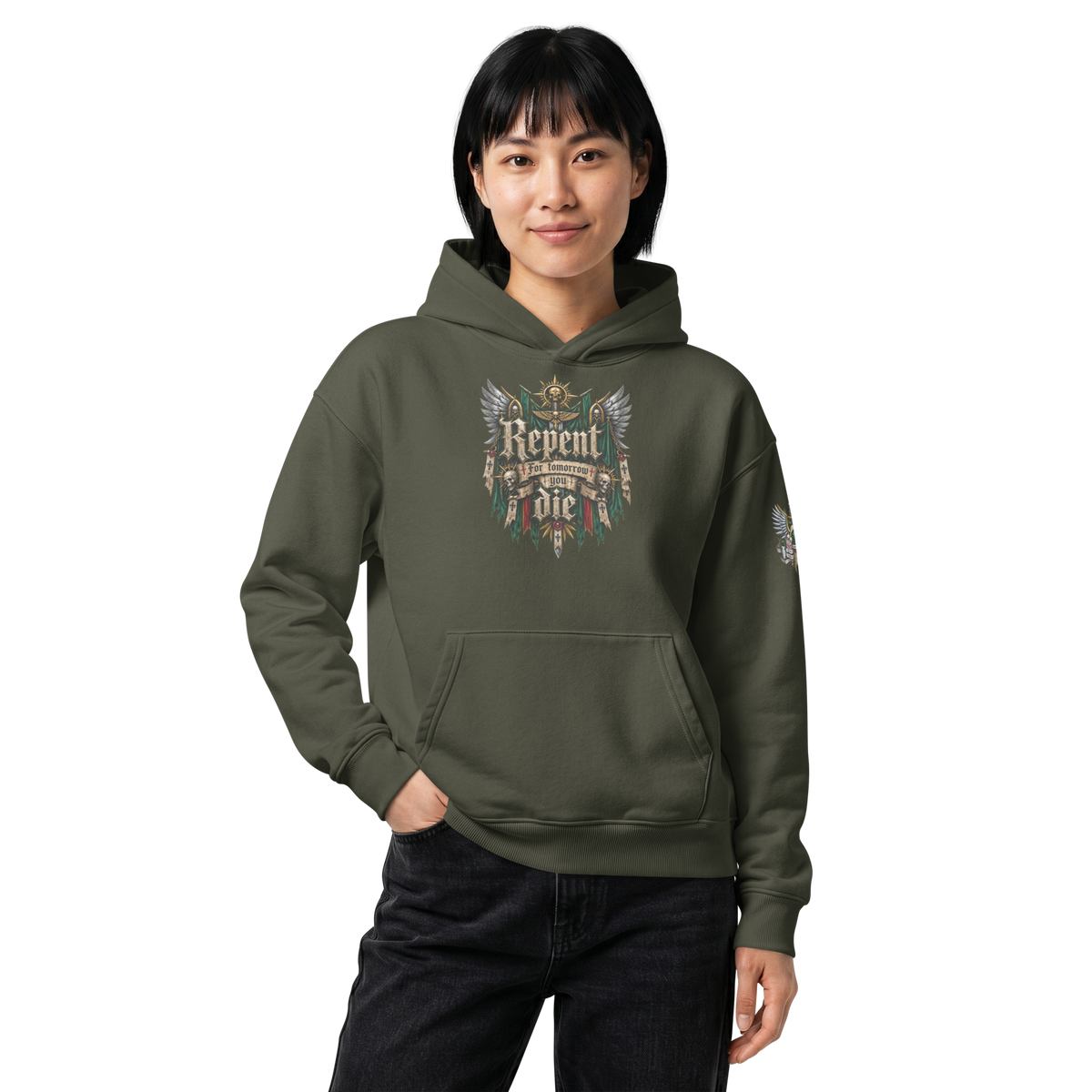 Repent For Tomorrow You Die Relaxed Hoodie in Khaki Green — front view