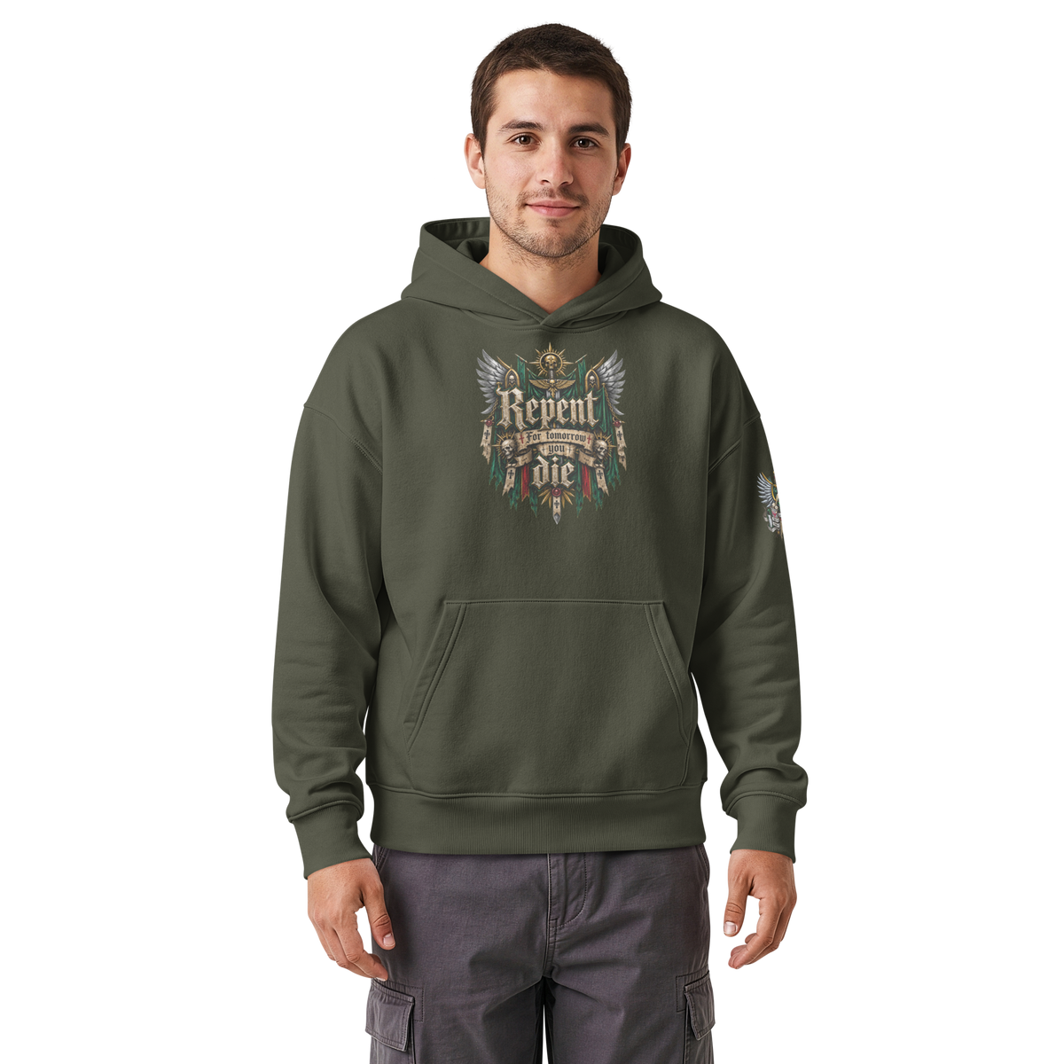 Repent For Tomorrow You Die Relaxed Hoodie in Khaki Green — front view